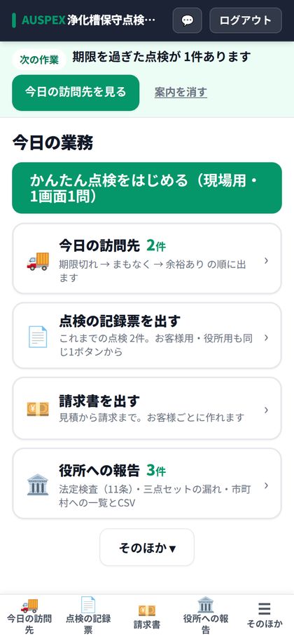 事務所のホーム。今日の業務の大きなボタン4つ