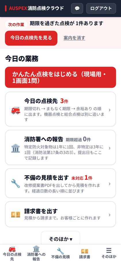 事務所のホーム。今日の業務の大きなボタン4つ